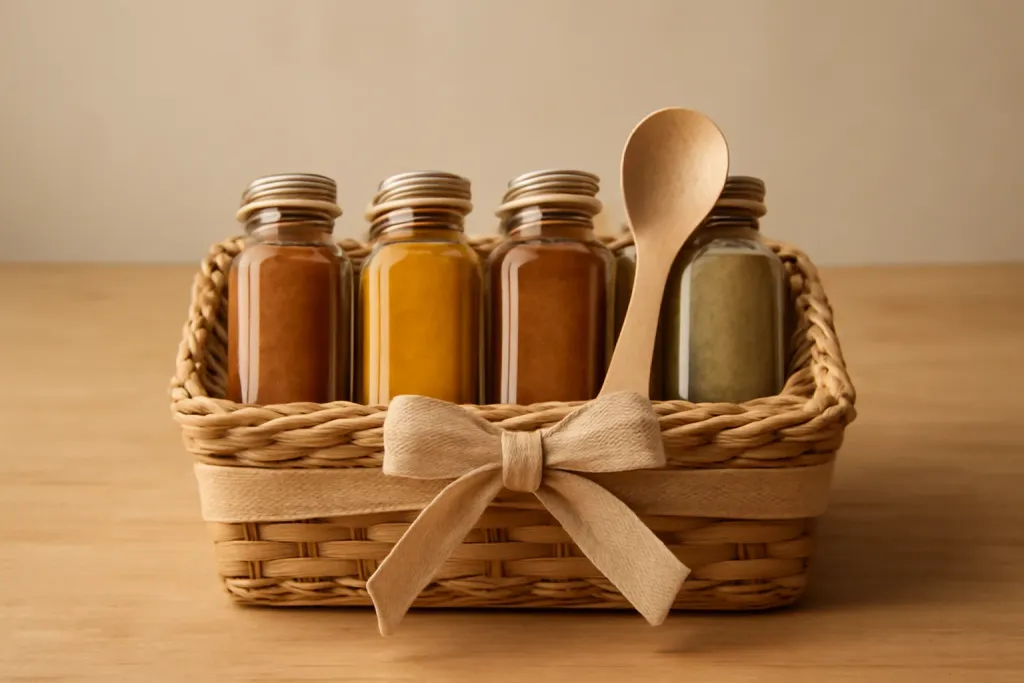 Editorial photograph of a spice lover gift basket with a set of seasoning jars and a small dish