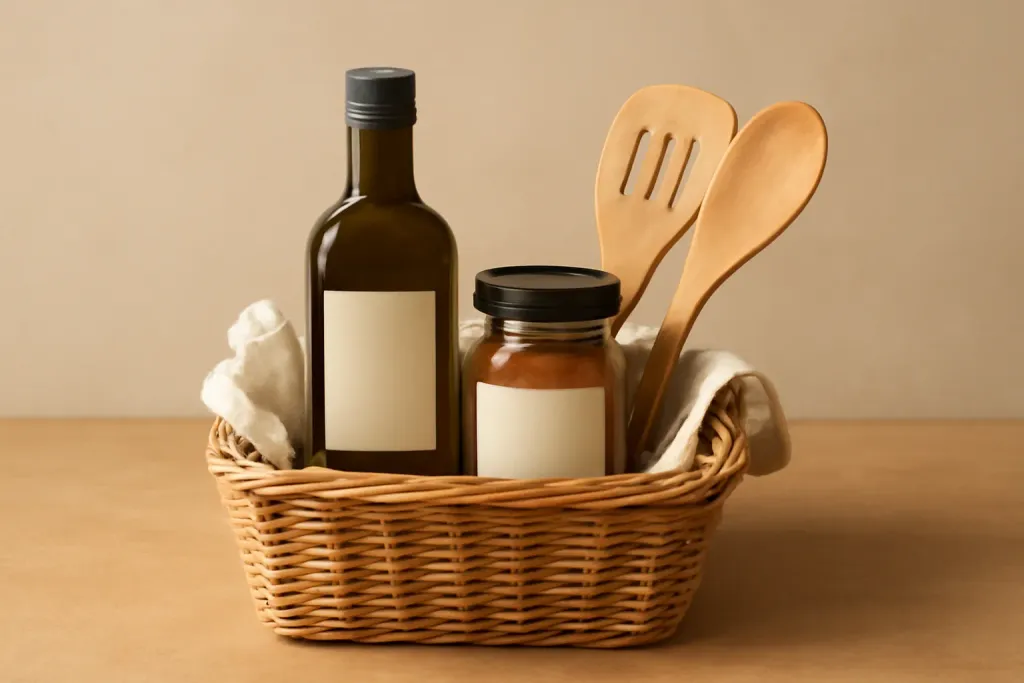 Editorial photograph of a starter chef pantry gift basket with pantry staples and simple cooking tools