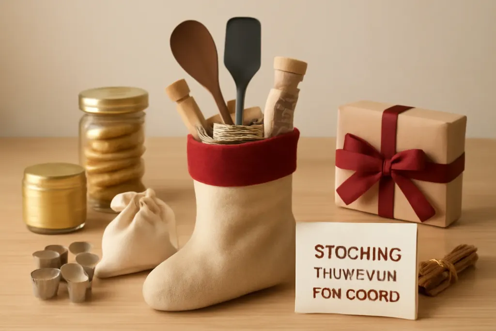 AI-generated editorial photograph (not the exact listing) of a Christmas stocking filled with small kitchen tools and spices