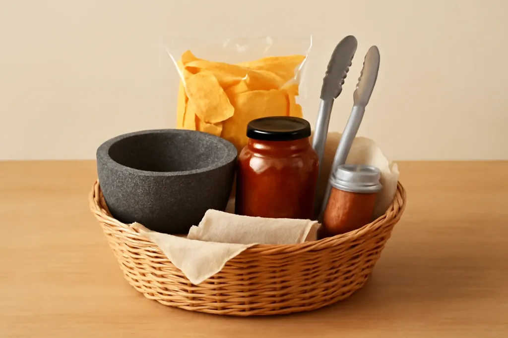 Editorial photograph of a taco night themed kitchen gift basket with serving tools and pantry ingredients
