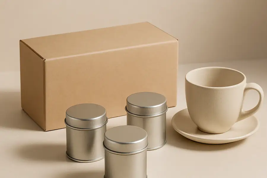 Editorial photograph of a tea gift set with small tins arranged beside a plain teacup
