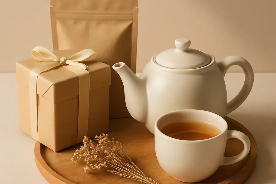 Editorial photograph of a warm tea-focused gifting scene with a teapot and cup on a tray