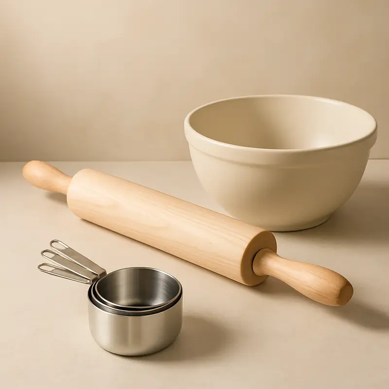 AI-generated editorial product photograph (not the exact linked listing) of baking starter tool set