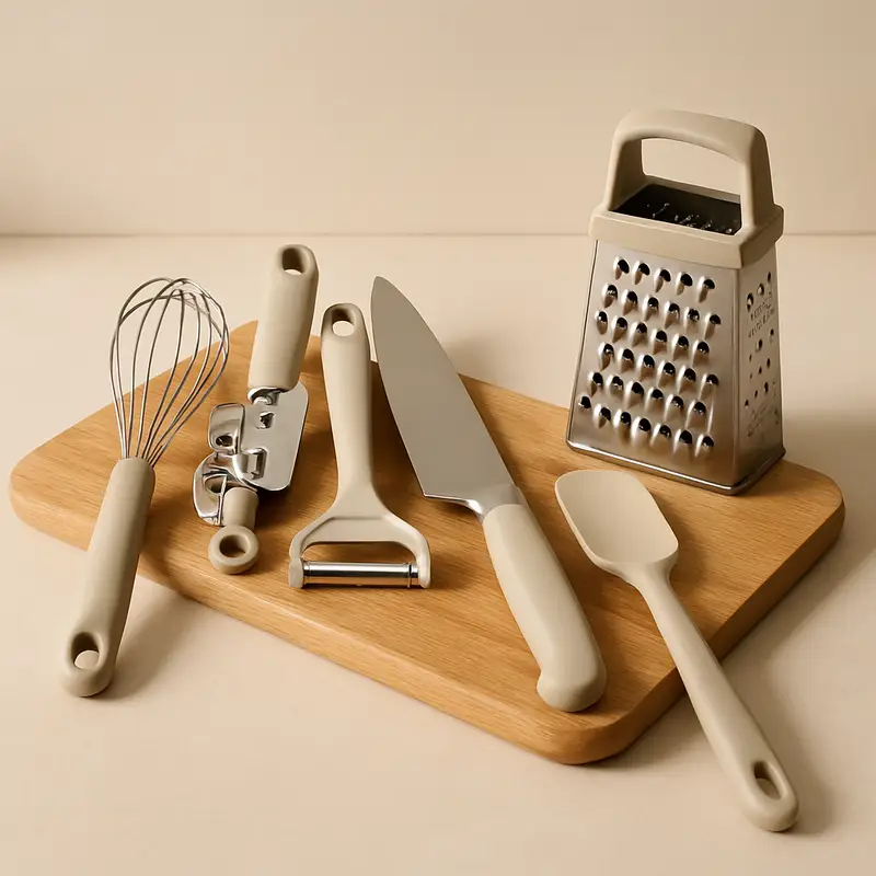 AI-generated editorial product photograph (not the exact linked listing) of chef's kitchen gadget set