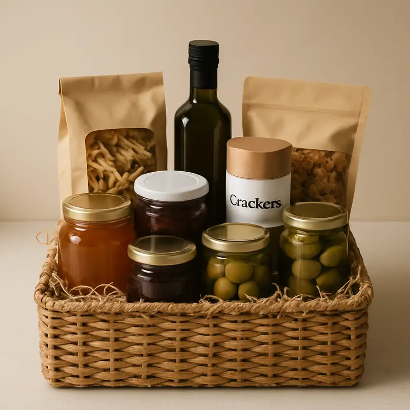 AI-generated editorial product photograph (not the exact linked listing) of gourmet pantry gift basket