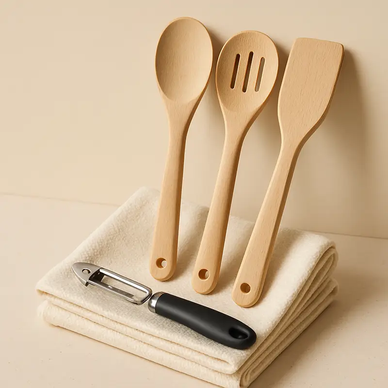 AI-generated editorial product photograph (not the exact linked listing) of new-home kitchen starter set