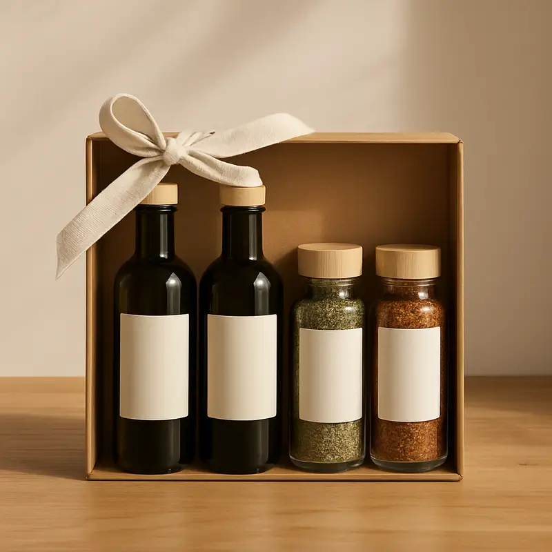 AI-generated editorial product photograph (not the exact linked listing) of olive oil & spice gift set